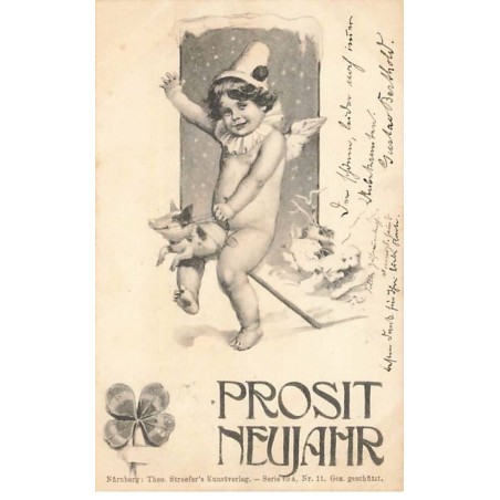 n°25062 - Nouvel An - Prosit Neujahr - Ange à califourchon sur un cochon en jouet