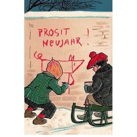 n°25065 - Carte Gaufrée - Prosit Neujahr - Garçon peignant sur un mur, un autre assis sur une luge