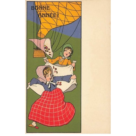 n°25068 - Bonne Année - Fillette ramassant des friandises tombant de la corne d'abondance d'une nacelle de ballon