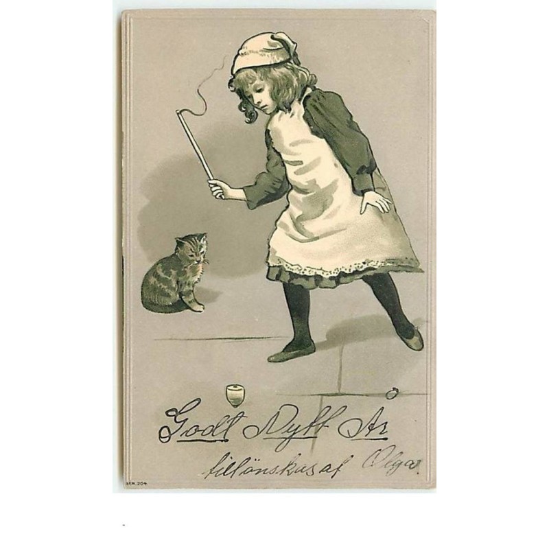 n°11895 - Carte Gaufrée - Jeune fille jouant avec une toupie - chat