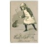 n°11895 - Carte Gaufrée - Jeune fille jouant avec une toupie - chat