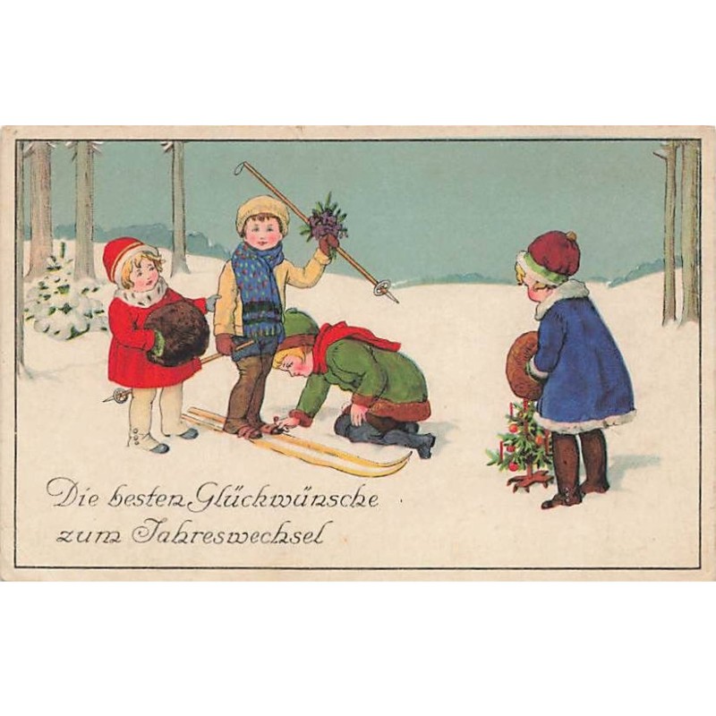 n°25069 - Nouvel An - Enfants dans une forêt, l'un ajustant les skis de l'autre