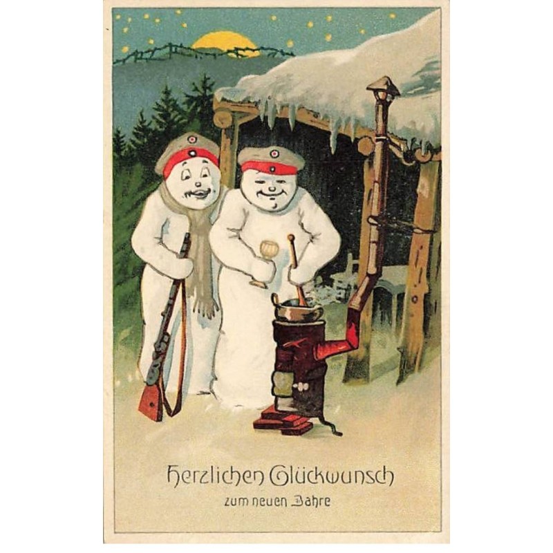 n°25074 - Nouvel An - Bonhommes de neige, l'un tenant un fusil, l'autre près d'un poële