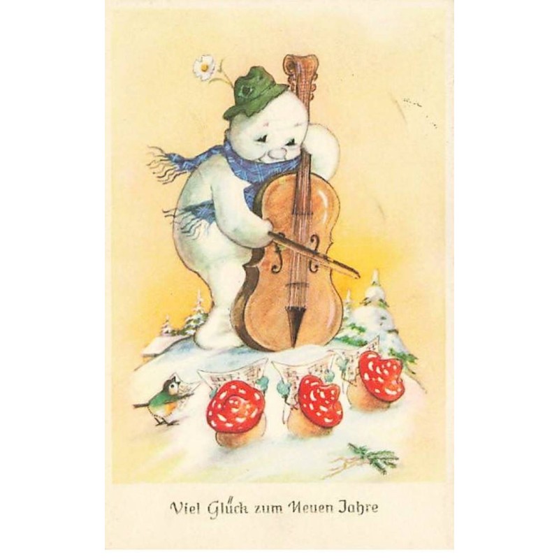 n°25078 - Nouvel An - Bonhomme de neige jouant du violoncelle pour un oiseau et des champignons humanisés - Baumgarten ?