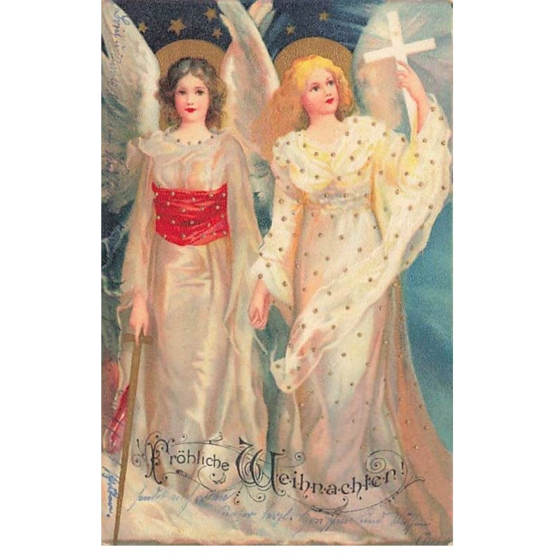 n°25080 - Noël - Fröhliche Weihnachten - Clapsaddle - Deux anges gardiens, l'une portant une croix, l'autre un épée