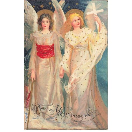 n°25080 - Noël - Fröhliche Weihnachten - Clapsaddle - Deux anges gardiens, l'une portant une croix, l'autre un épée