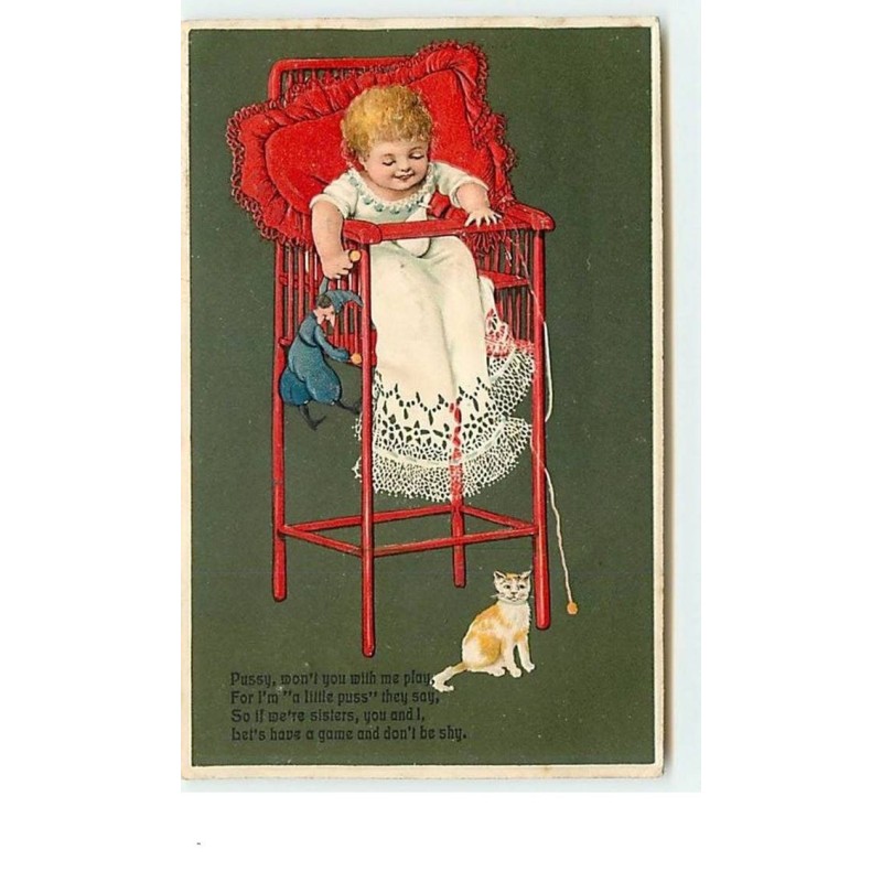 n°11896 - Carte Gaufrée - Flatscher - Bébé dans une chaise haute - chat
