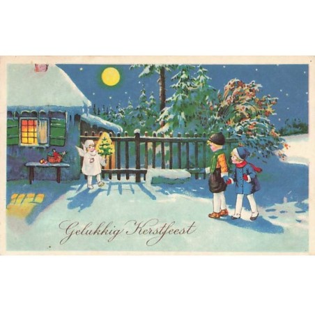 n°25086 - Noël - Gelukkig Kerstfeest - Enfants s'approchant d'une maison, et d'un ange apportant un sapin