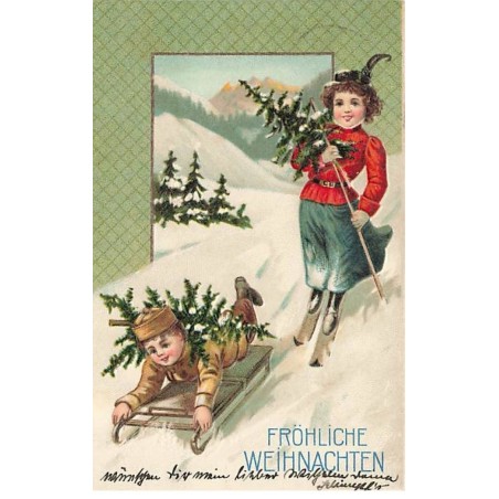 n°25087 - Carte Gaufrée - Noël - Fröhliche Weihnachten - Fillette sur des skis, et un garçon allongé sur une luge