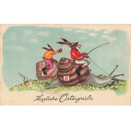 n°25093 - Pâques - Herzliche Ostergrüsse - Lièvres sur des escargots pour une course de vitesse