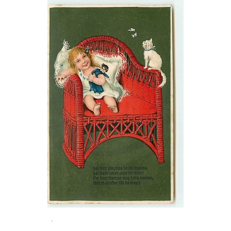 n°11897 - Carte Gaufrée - Flatscher - Bébé dans un fauteuil - chat