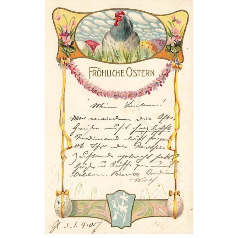 n°25114 - Carte Gaufrée - Pâques - Fröhliche Ostern - Poule au milieu d'oeufs