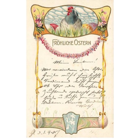 n°25114 - Carte Gaufrée - Pâques - Fröhliche Ostern - Poule au milieu d'oeufs