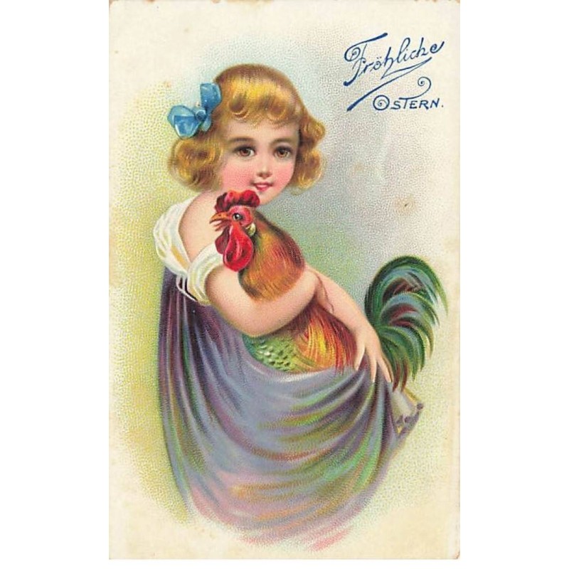 n°25115 - Carte Gaufrée - Pâques - Fröhliche Ostern - Fillette câlinant un coq