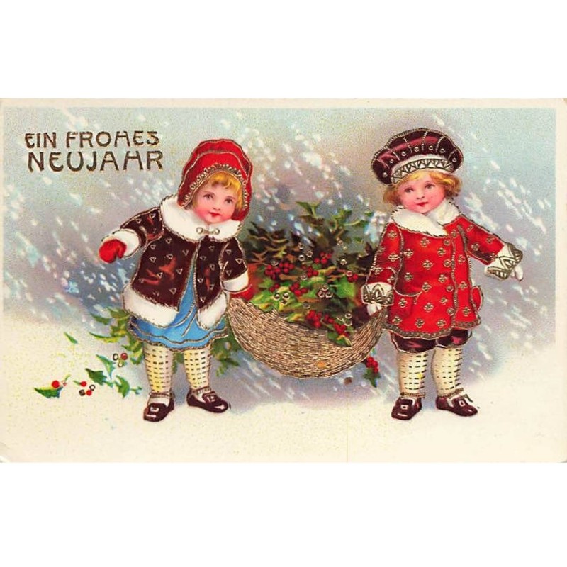 n°25116 - Carte Gaufrée - Clapsaddle - Ein Fröhes Neujahr - Enfants portant un panier rempli de houx