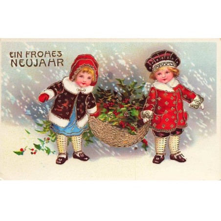 n°25116 - Carte Gaufrée - Clapsaddle - Ein Fröhes Neujahr - Enfants portant un panier rempli de houx
