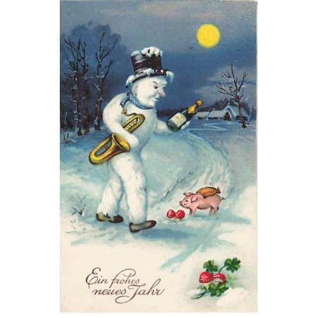 n°25117 - Nouvel An - Ein Fröhes neues Jahr - Cochon devant un bonhomme de neige tenant du champagne