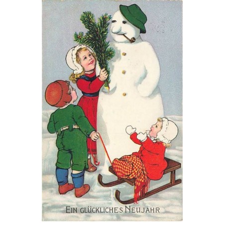 n°25118 - Flatscher - Ein Glückliches Neujahr - Enfants autour d'un bonhomme de neige