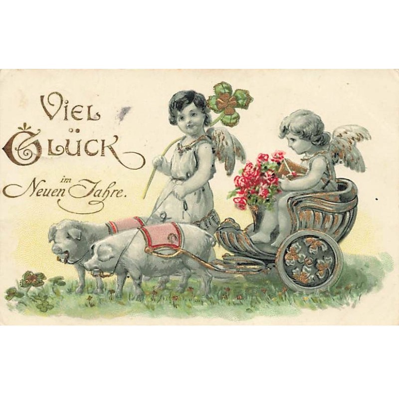 n°25120 - Carte Gaufrée - Viel Glück im Neuen Jahr - Anges, l'un dans un char tiré par des cochons