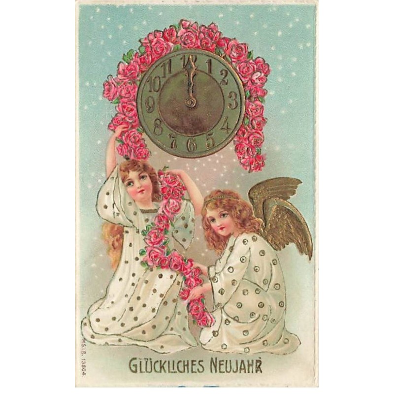 n°25121 - Carte Gaufrée - MSIB 13804 - Glückliches Neujahr - Ange décorant une pendule avec une guirlande de fleurs