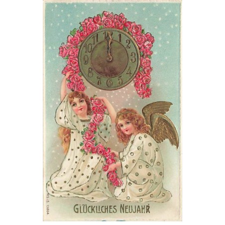 n°25121 - Carte Gaufrée - MSIB 13804 - Glückliches Neujahr - Ange décorant une pendule avec une guirlande de fleurs