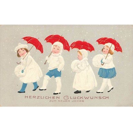 n°25123 - Carte Gaufrée - Nouvel An - Flatscher - Procession d'enfants avec des parapluies rouges