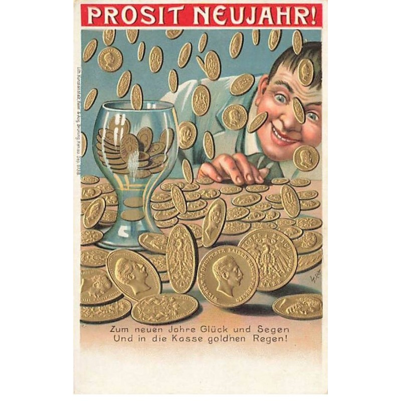 n°25124 - Carte Gaufrée - Prosit Neujahr - Homme regardant des pièces d'or tombées
