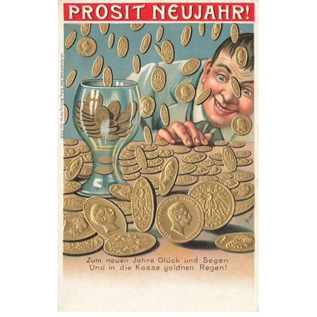 n°25124 - Carte Gaufrée - Prosit Neujahr - Homme regardant des pièces d'or tombées