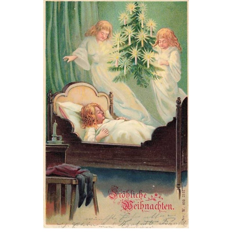 n°25128 - Carte Gaufrée - Noël - Fröhliche Weihnachten - Anges apportant un sapin à une enfant endormie