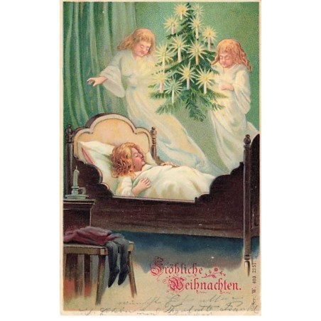 n°25128 - Carte Gaufrée - Noël - Fröhliche Weihnachten - Anges apportant un sapin à une enfant endormie