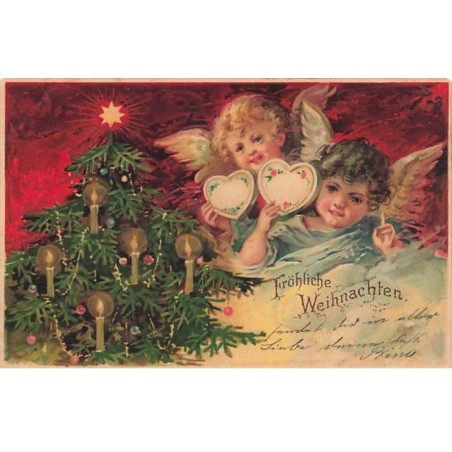 n°25129 - Fröhliche Weihnachten - Anges tenant des coeurs, près d'un sapin