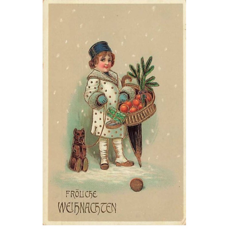 n°25131 - Fröhliche Weihnachten - Enfant tenant un ours en peluche en laisse - Teddy Bear