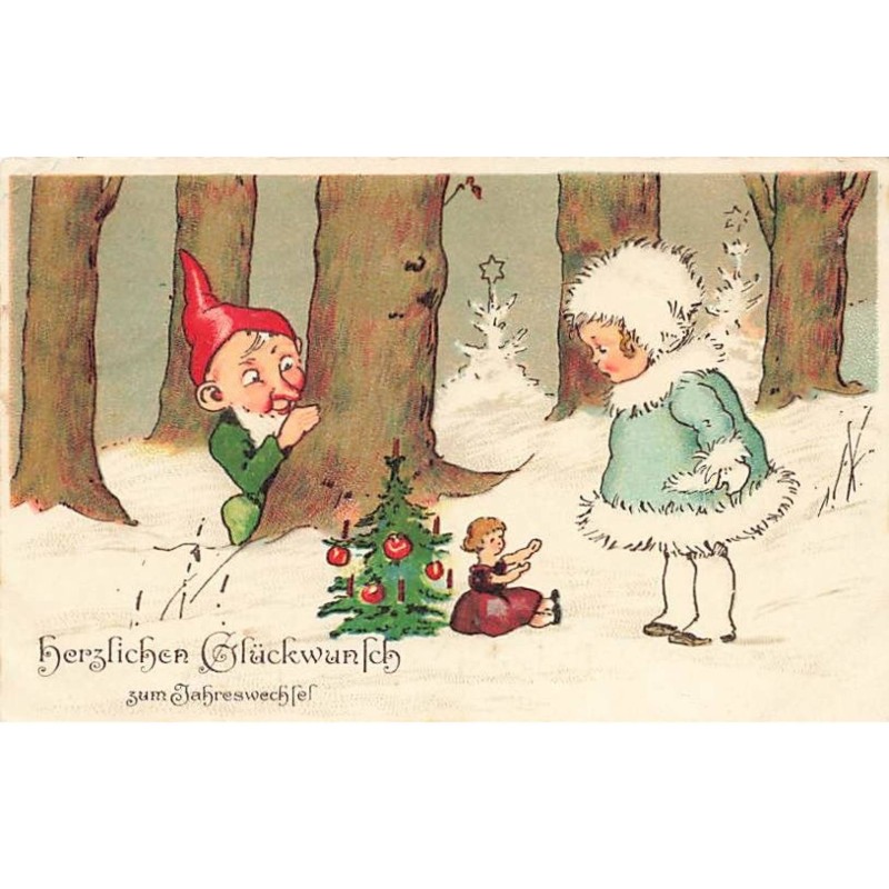 n°25140 - Style Baumgarten - Lutin regardant une fillette près d'une poupée