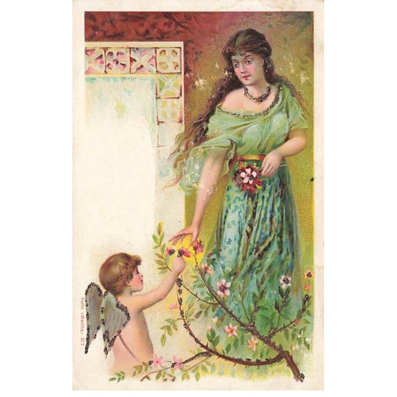 n°25143 - Fantaisie - Ange offrant une fleur à une femme - Paillettes
