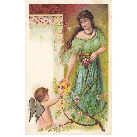 n°25143 - Fantaisie - Ange offrant une fleur à une femme - Paillettes
