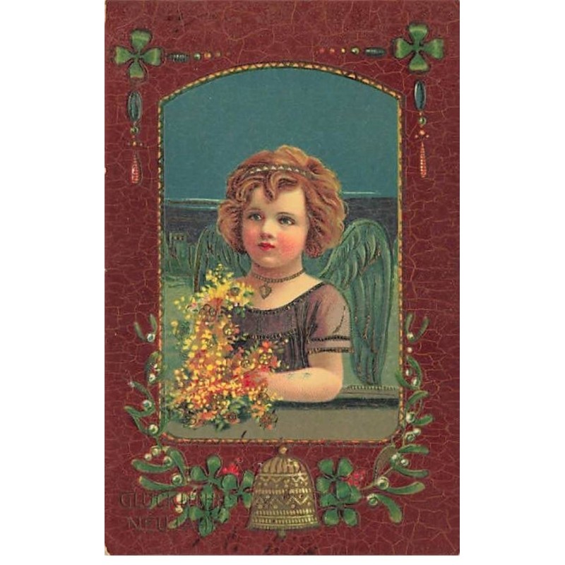 n°25144 - Carte Gaufrée - Fantaisie - Ange tenant un bouquet de fleurs, cloche