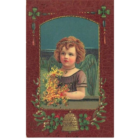 n°25144 - Carte Gaufrée - Fantaisie - Ange tenant un bouquet de fleurs, cloche