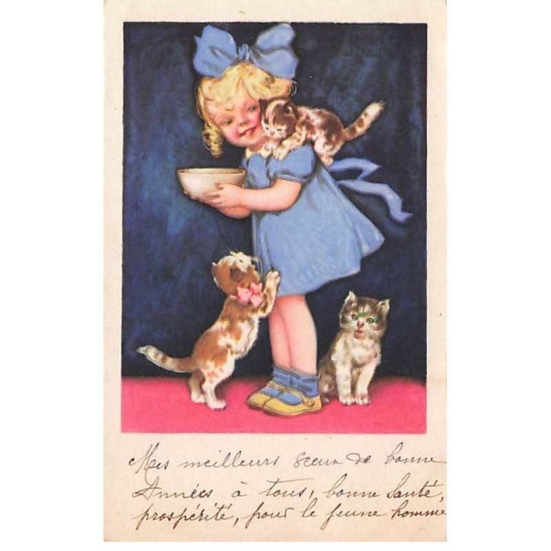 n°25147 - Fantaisie - Fillette entourée de chats - cat
