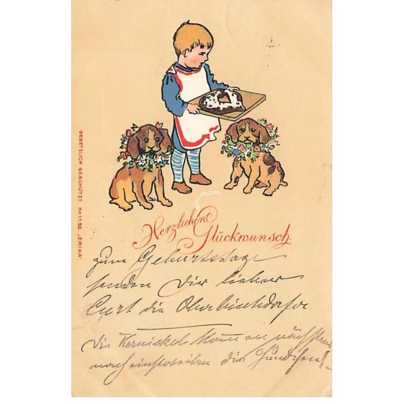 n°25150 - Fantaisie - Style Caspari - Garçon portant un gâteau, entouré de deux chiens