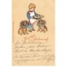 n°25150 - Fantaisie - Style Caspari - Garçon portant un gâteau, entouré de deux chiens