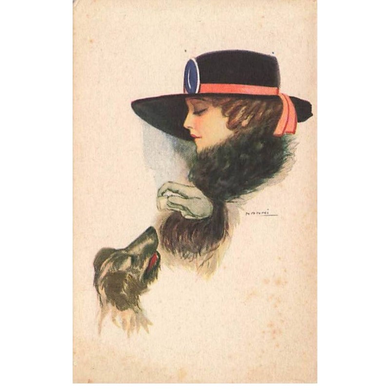 n°25153 - Illustrateur - Nanni - Femme portant un chapeau, donnant un sucre à un chien