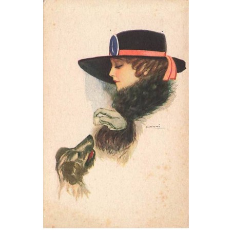 n°25153 - Illustrateur - Nanni - Femme portant un chapeau, donnant un sucre à un chien