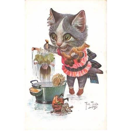 n°25155 - Illustrateur - Arthur Thiele - Une chatte lavant ses poupées