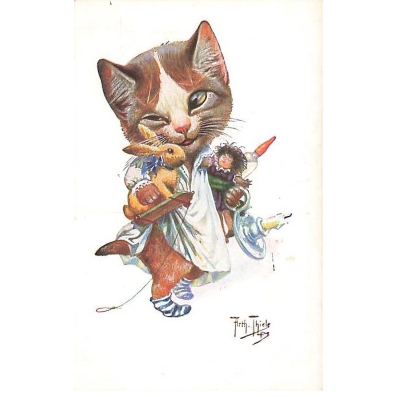 n°25156 - Illustrateur - Arthur Thiele - Une chatte portant une poupée et un lapin à roulettes