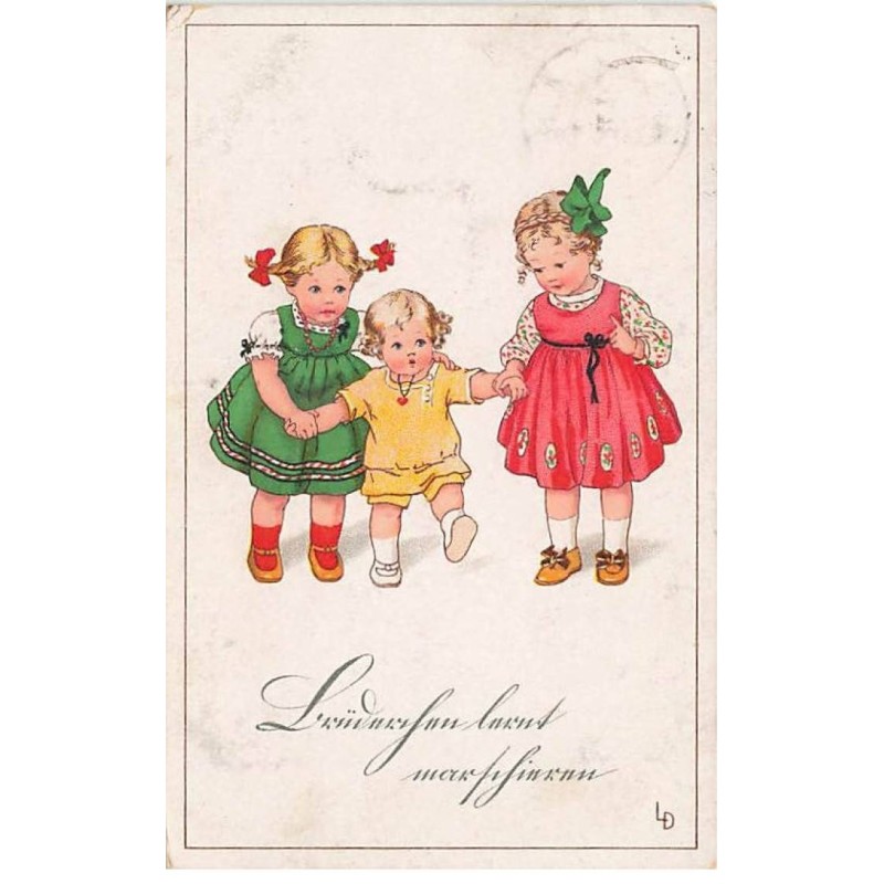 n°25159 - Illustrateur - Lia Doring - Deux fillettes aidant un bébé à marcher