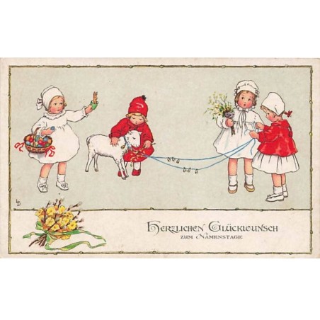 n°25161 - Illustrateur - Lia Doring - Herzlichen Glückwunsch zum Namenstage - Fillettes se promenant avec un mouton