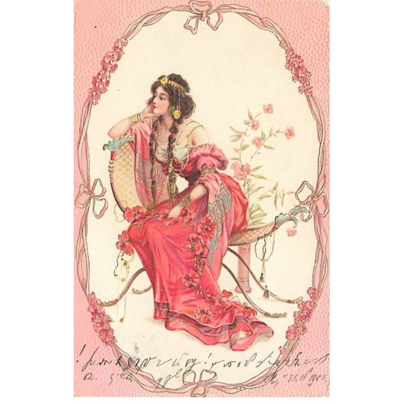 n°25165 - Carte Gaufrée - Art Nouveau - Jeune femme songeuse, assise