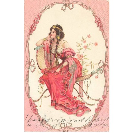 n°25165 - Carte Gaufrée - Art Nouveau - Jeune femme songeuse, assise