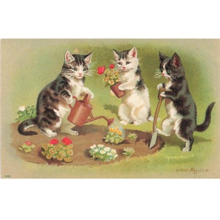 n°25171 - Illustrateur - Helena Magoire - Chats plantant des fleurs