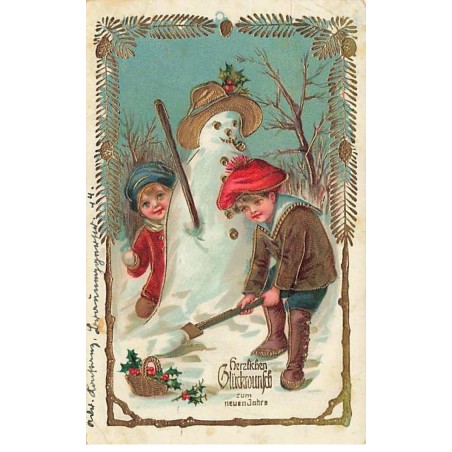 n°25172 - Carte Gaufrée - Nouvel An - Enfants autour d'un bonhomme de neige